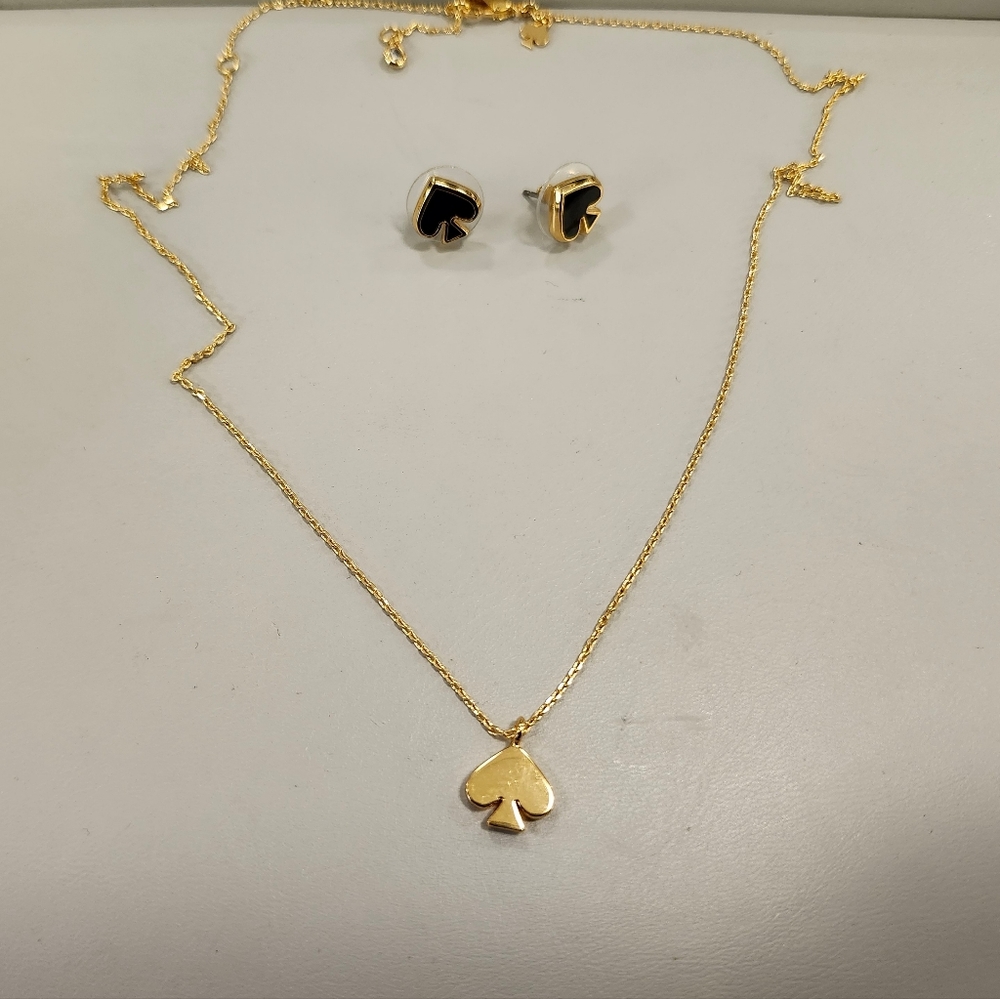 New W/Out Tags Kate Spade Gold/Black  Spade Enamel Stud Earrings & Necklace - Picture 3 of 3